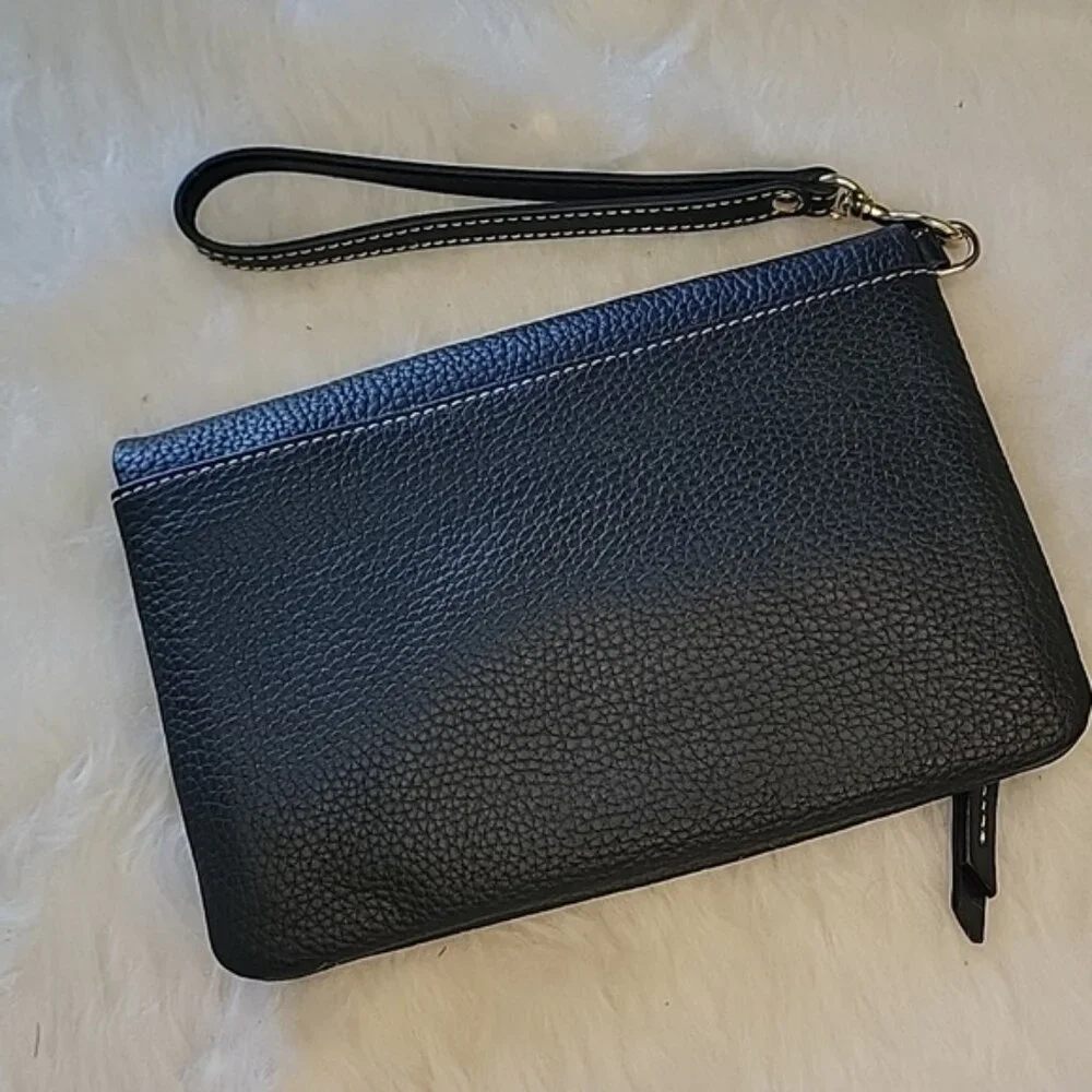 DOONEY & BOURKE NeW Black Pebbled Leather Fold Over Wristlet‎ Wallet Clutch Bag